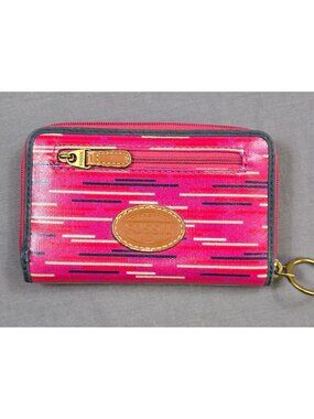 Fossil Pink Multicolor Striped Vinyl Zipper Wallet With Keyring 6"X4"